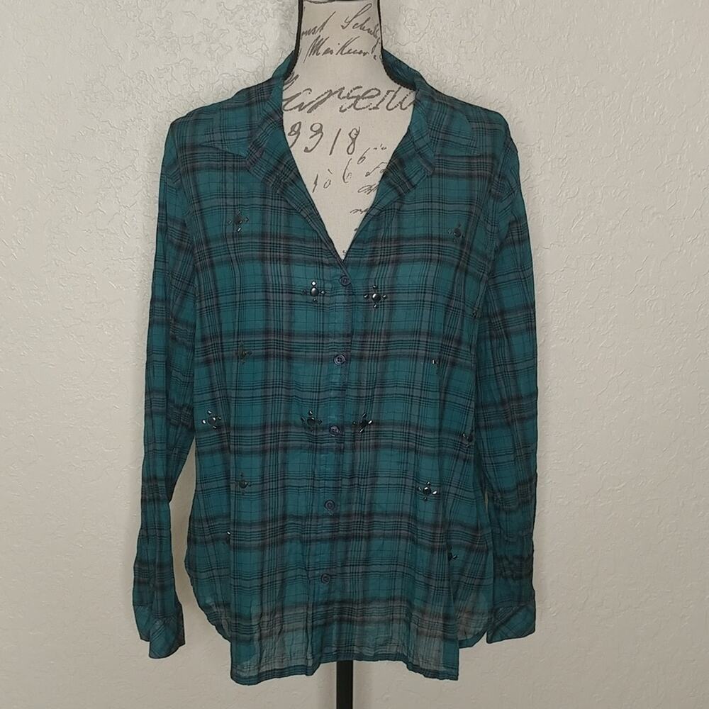 Rock & Republic Plaid Button Front Shirt With Metallic Accents Size L